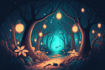 Canvas Print - A magical, nighttime woodland from a fairy tale, complete with glowing lights, fog, and flying objects. Generative AI