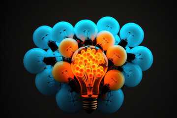 Poster - Exceptional middle orange light bulb color filled with blue light bulbs. a simple idea. Generative AI