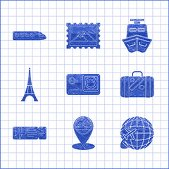 Wall Mural - Set Action extreme camera, Map pointer with Egypt pyramids, Globe flying plane, Suitcase for travel and stickers, Airline ticket, Eiffel tower, Ship and Train icon. Vector