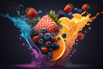 Poster - Blackberry, blueberry, cherry, pineapple, strawberry, fresh ripe orange juice, and splashes of strawberry, blueberry, blackberry, pineapple, and cherry. Orange berry juice with forest fruits in a spla