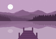 Wooden Pier On The Lake With Mountains And Full Moon At Night. Vector Illustration