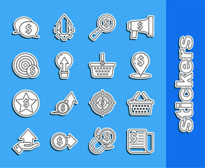 Wall Mural - Set line Financial news, Shopping basket, Cash location, Magnifying glass and dollar, Light bulb, Target with symbol, Speech bubble and icon. Vector