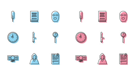 Sticker - Set line Stacks paper money cash, Judge, Feather pen, Lawsuit, Police rubber baton, Magnifying glass with search, Clock and book icon. Vector