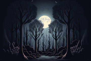 Wall Mural - gloomy forest Dark and gloomy picture with trees, a full moon, and moonlight. vapor and shadow. Cold, gloomy, and abstract street background. at night. Generative AI