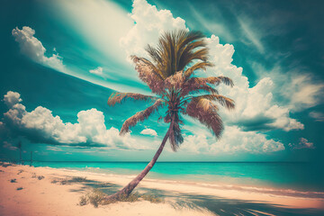 A palm tree on a tropical beach with an abstract blue sky and white clouds. Summer vacation and business travel concept copy space. color style with a vintage tone filter effect. Generative AI