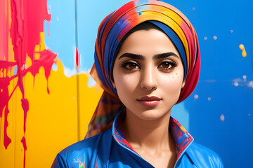 Wall Mural -  painting portrait of a Arab female Plumber in outfit - Generative AI, fictitious person