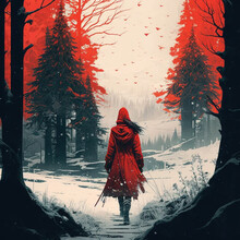 Girl In A Red Cloak On A Background Of Red Trees Illustration Black White Red Color