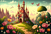 Background From A Fairytale With A Flower Meadow. Wonderland. Children's Cartoon Illustration Castle Of The Princess And Rainbow. Gorgeous Scenery Beautiful Roses And Butterfly Gardens Or Parks