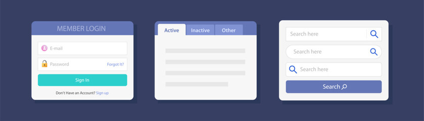 Wall Mural - login, search box bar menu vector, tabs navigation ui ux web site layout template design elements fo