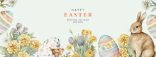 Happy Easter Watercolor Card, Banner, Border With Cute Easter Rabbit, Eggs, Spring Flowers And Chick In Pastel Colors On Light Green White Background. Isolated Easter Watercolor Decoration Elements