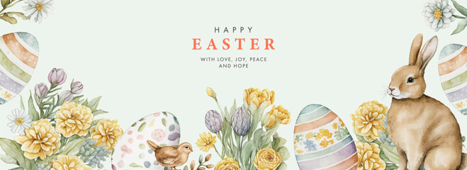 Wall Mural - happy easter watercolor card, banner, border with cute easter rabbit, eggs, spring flowers and chick