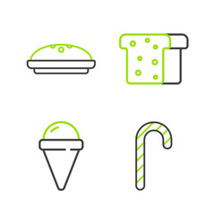 Poster - Set line Christmas candy cane, Ice cream in waffle cone, Bread toast and Homemade pie icon. Vector