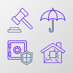 Canvas Print - Set line House, Safe with shield, Umbrella and Judge gavel icon. Vector