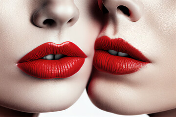 Wall Mural - Two young women with red lipstick on their lips together. Facial portrait close-up.