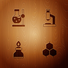 Wall Mural - Set Chemical formula, Test tube flask on stand, Alcohol spirit burner and Microscope on wooden background. Vector