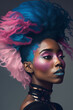 © Aleksandr Borisenko - Black woman with huge pink and blue hair. Realistic AI art photography.