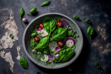 Sticker - Veggies and a mixture of green leaves make up this salad. on a table made of gray stone. Generative AI