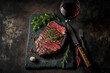 On a stone table, a grilled ribeye beef steak with red wine, herbs, and spices. Generative AI