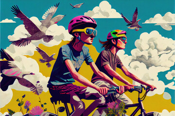 Creative AI generated illustration of active male cyclists in sportswear helmets and sunglasses riding bicycles against fantasy sky with white clouds and flying birds