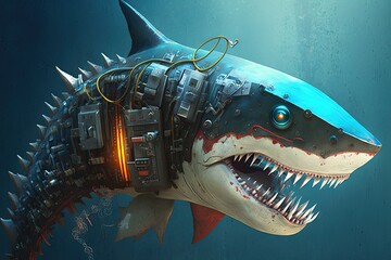 Canvas Print - Robot cyborg shark illustration generative ai