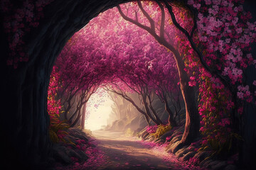 Poster - On mornings with sunlight, pink trumpet trees and flowers bloom and drop at the garden tunnel. Generative AI