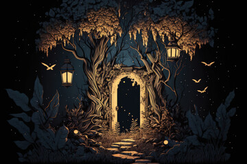 Sticker - fantasy scene with a mysterious doorway in the forest at night, with a surreal dark forest vista. Generative AI