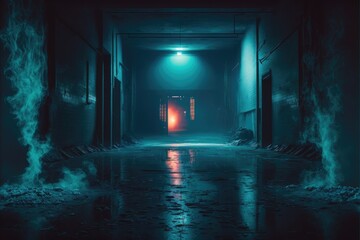 Wall Mural - an empty dark scene of a smokey dark empty street alley in the light of neon and spotlights with smoke float up generative ai illustration