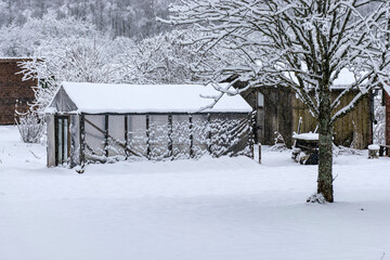 greenhouse in winter, view of small garden in winter, snow covers garden objects, trees