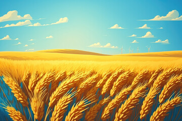 Poster - Gold wheat field and blue sky. Generative AI