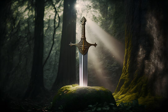 Fototapete - Sword King Arthur Excalibur in a stone in the forest, a ray of light reflected on the sword, fantasy