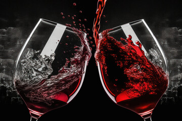 Poster - Cheers Concept Red Wine Glasses Smacking Against One Another in a Bar. Generative AI