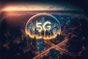 Wall Mural - 5G network digital hologram and internet city generative ai background 