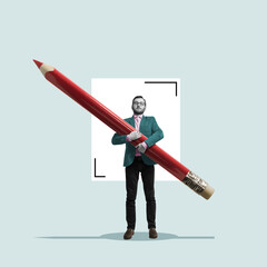 the man with a large pencil in his arm. art collage.