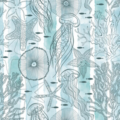 Wall Mural - Sea. Seamless vector pattern with underwater plants,  sea creatures on blue watercolor background. Perfect for design templates, wallpaper, wrapping, fabric and textile.