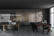 © ImageFlow - Grey office interior with coworking and meeting area near panoramic window