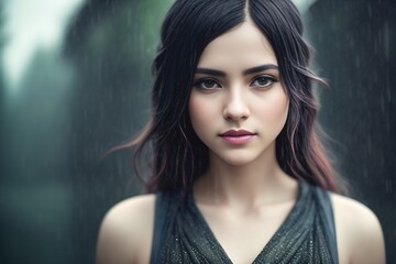 beautiful young girl standing under rain jacket. brunette. generative ai