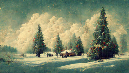 Dramatic Winter landscape with snow and fir trees as vintage christmas wallpaper. Generative Ai