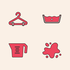 Sticker - Set Water spill, Hanger wardrobe, Temperature wash and Measuring cup icon. Vector