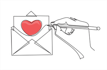 Wall Mural - Continuous one line drawing of envelope with heart, hand drawing heart. Concept of birthday, valentine's day. 