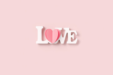 Poster - Heart and word love, St. Valentine Day, love or wedding day concept. Cut pink paper heart and white wooden text love as symbol romantic relationships, pink color background, minimal flatlay