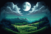 Wonderful Nighttime Natural View In The Spring. A Rural Setting In The Carpathian Mountains With Lush Green Meadows And Coniferous Forest Under The Light Of The Full Moon. Clouds In The Sky Over The F