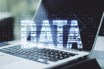 Wall Mural - creative data word sign on modern laptop background. multiexposure