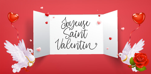 Joyeuse Saint Valentin French lettering - Happy Valentines Day elegant card. Valentine holiday golden calligraphy with red origami paper hearts, romantic France banner design. Festive vector