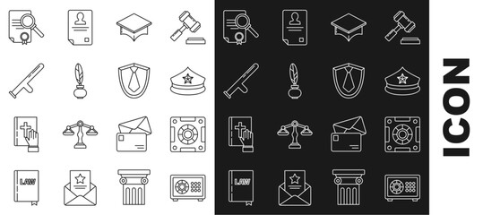 Canvas Print - Set line Safe, Police cap with cockade, Graduation, Feather and inkwell, rubber baton, Document search and Tie icon. Vector