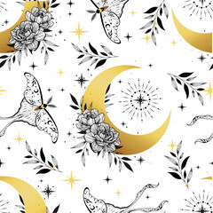 Wall Mural - Seamless magic vector pattern. Moon moth, herbs, stars. Bohemian fabric design. Contemporary composition.