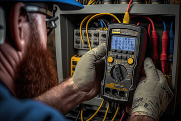 Generative AI Illustration of the hands of an electrician holding an ammeter checking an electrical installation