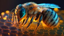 A Bee On A Honeycomb Up Close With Honey. A Close-up Of A Bee On A Honeycomb, Bee And Honey. Generative Ai.