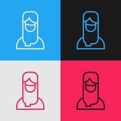 Sticker - Pop art line Muslim woman in hijab icon isolated on color background. Vector