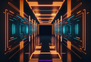 Wall Mural - A fantastic neon tunnel, the corridor of a spaceship. Immersion in virtual reality, artificial intelligence. Dark abstract background with multicolored glow. 3D rendering. AI generated.