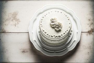 White classic wedding cake with flower on a stand. Vintage antique dessert on white wood background. Top view. Generative AI